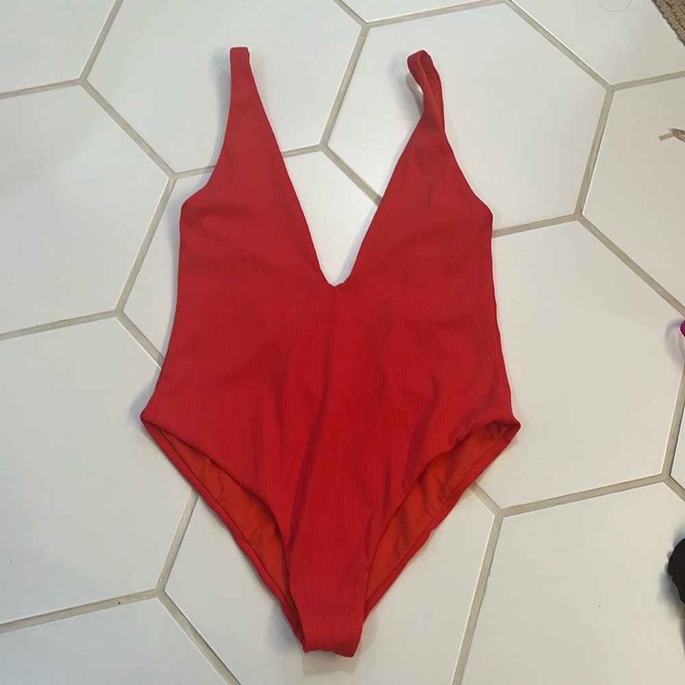 Red V-Neck One-Piece Swimsuit